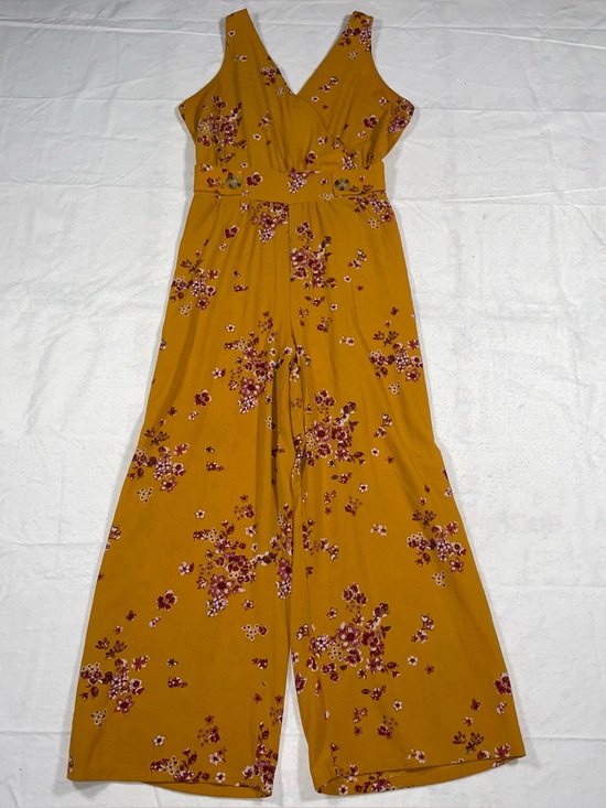 Xhilaration Pants - Xhilaration S Mustard Yellow Floral Pattern Button V Neck Elastic Waist Jumpsuit